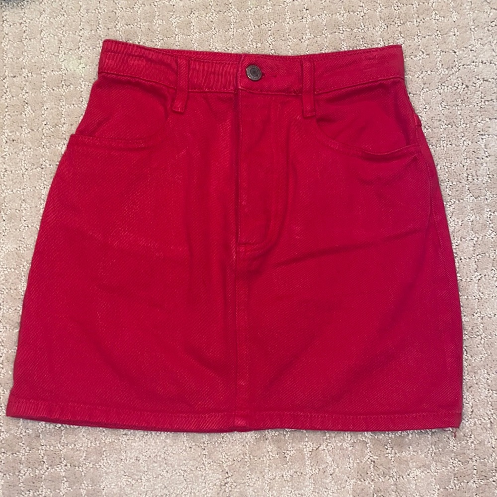 red denim skirt